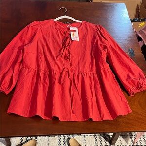 NWT Pretty Garden Womens Chic brick Red peplum Blouse with Front Ties